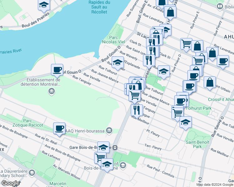 map of restaurants, bars, coffee shops, grocery stores, and more near 10937 Rue Tanguay in Montréal