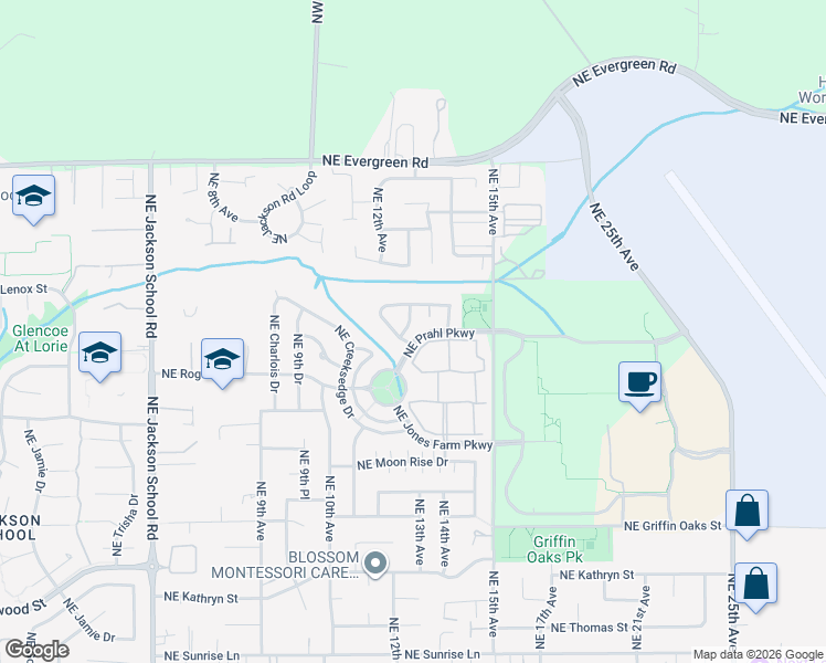 map of restaurants, bars, coffee shops, grocery stores, and more near 1262 Northeast Kinney Street in Hillsboro