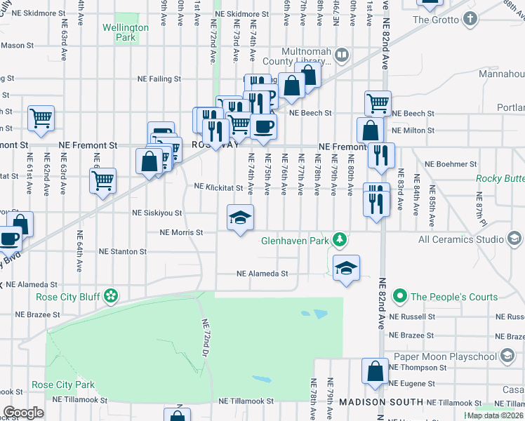 map of restaurants, bars, coffee shops, grocery stores, and more near 3161 Northeast 75th Avenue in Portland