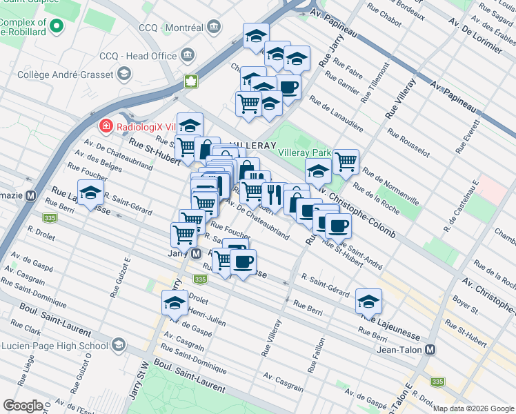 map of restaurants, bars, coffee shops, grocery stores, and more near 7950 Rue Saint-Hubert in Montréal