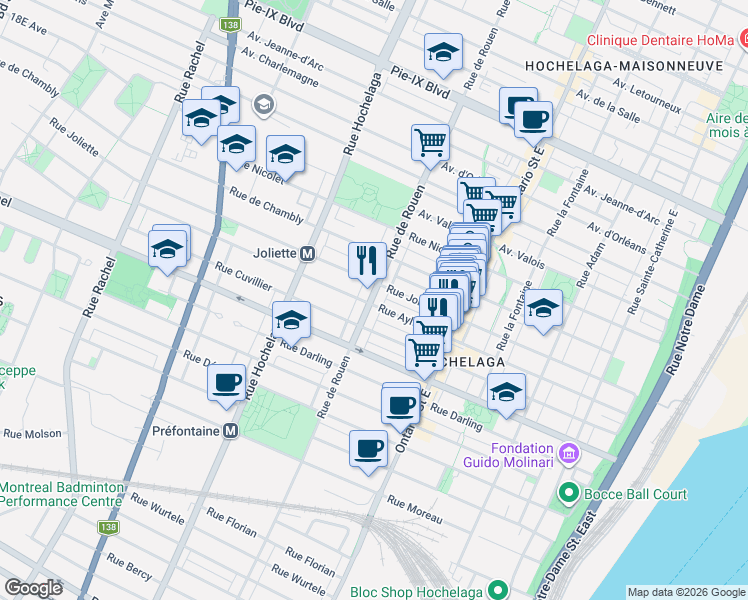 map of restaurants, bars, coffee shops, grocery stores, and more near 3524 Rue de Rouen in Montréal