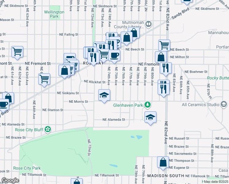 map of restaurants, bars, coffee shops, grocery stores, and more near 3161 Northeast 75th Avenue in Portland