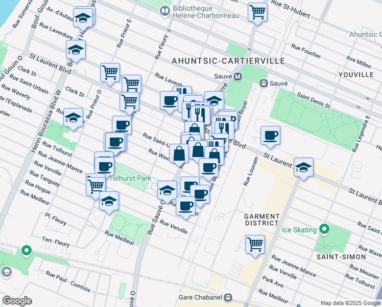 map of restaurants, bars, coffee shops, grocery stores, and more near 97 Rue Sauvé Ouest in Montréal