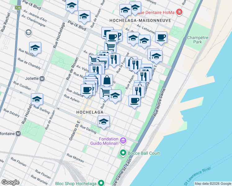 map of restaurants, bars, coffee shops, grocery stores, and more near 1662 Rue Nicolet in Montréal