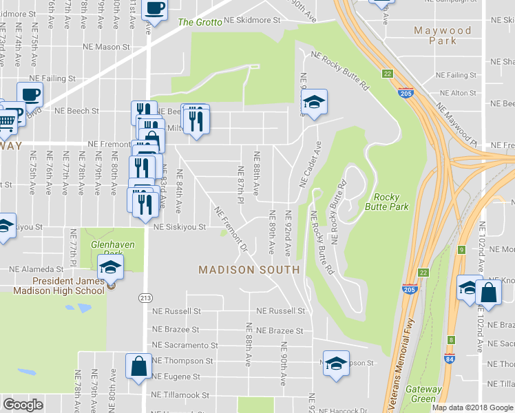 map of restaurants, bars, coffee shops, grocery stores, and more near 8816 Northeast Hill Way in Portland