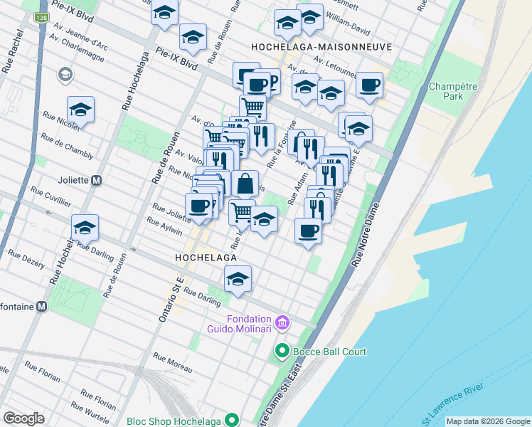 map of restaurants, bars, coffee shops, grocery stores, and more near 1662 Rue Nicolet in Montréal