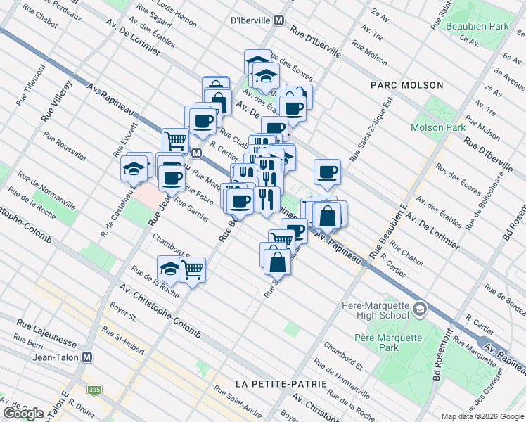 map of restaurants, bars, coffee shops, grocery stores, and more near 6857 Rue Marquette in Montrã©Al