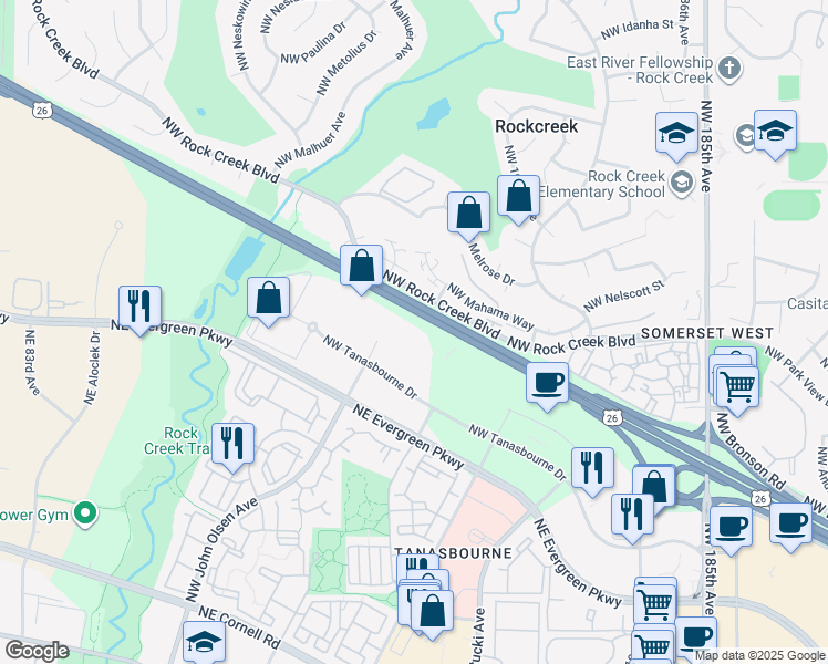 map of restaurants, bars, coffee shops, grocery stores, and more near 19470 Northwest Mahama Place in Portland