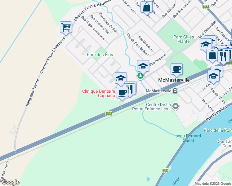 map of restaurants, bars, coffee shops, grocery stores, and more near 777 Boulevard Constable in McMasterville