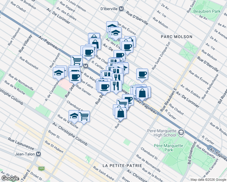 map of restaurants, bars, coffee shops, grocery stores, and more near 6865 Rue Marquette in Montréal