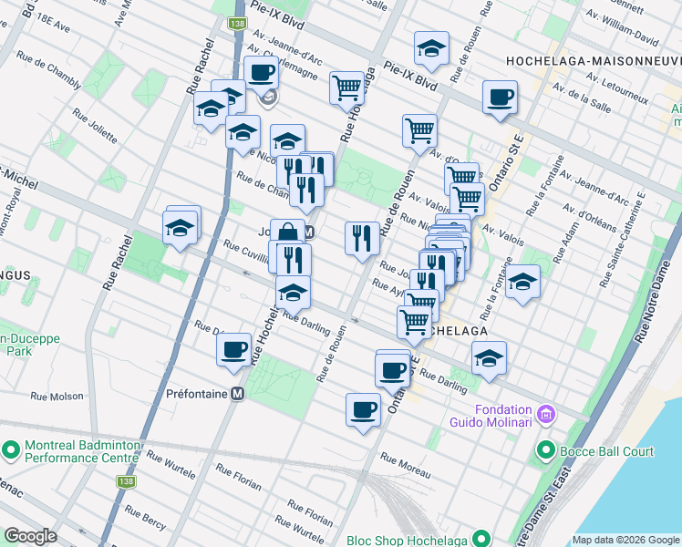 map of restaurants, bars, coffee shops, grocery stores, and more near 2306 Rue Aylwin in Montréal