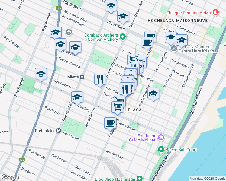 map of restaurants, bars, coffee shops, grocery stores, and more near 2146 Joliette Street in Montreal