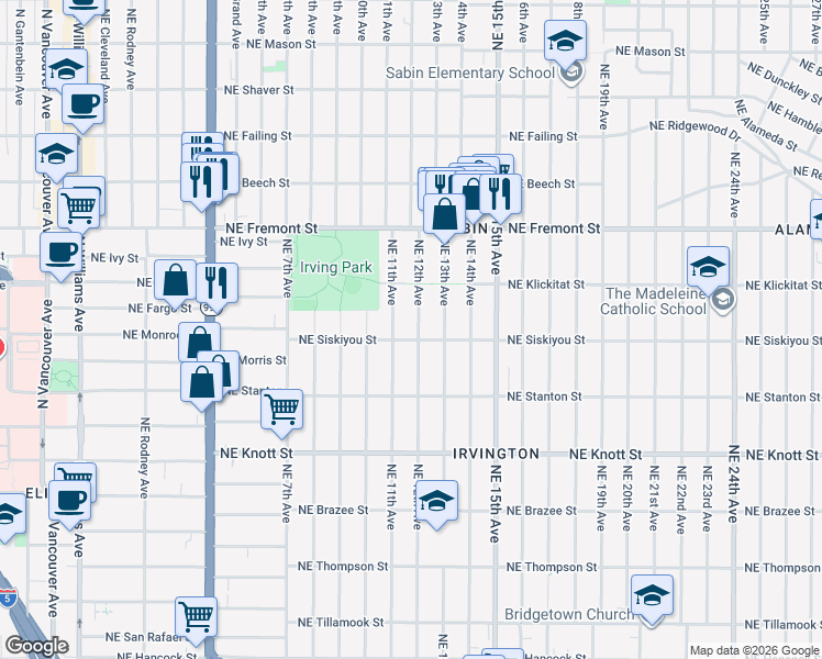 map of restaurants, bars, coffee shops, grocery stores, and more near 3109 Northeast 12th Avenue in Portland