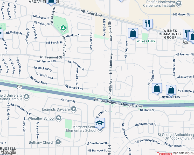 map of restaurants, bars, coffee shops, grocery stores, and more near 3141 Northeast 148th Avenue in Portland