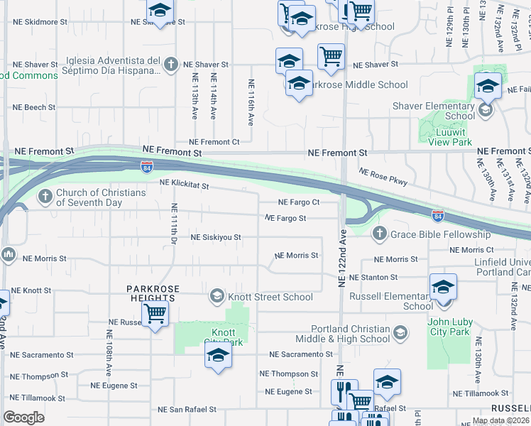 map of restaurants, bars, coffee shops, grocery stores, and more near 11711 Northeast Fargo Court in Portland