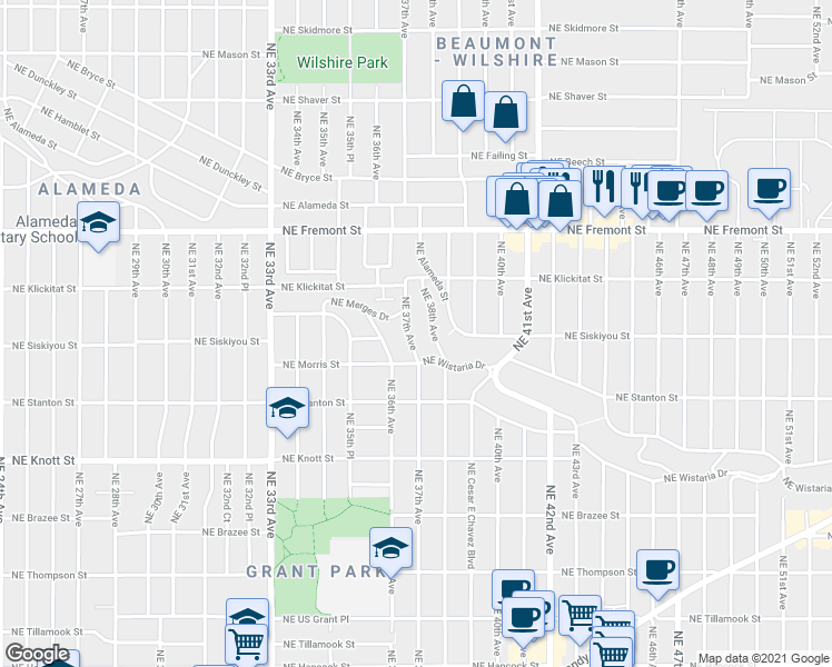 map of restaurants, bars, coffee shops, grocery stores, and more near 3136 Northeast 37th Avenue in Portland