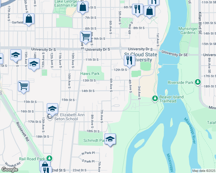 map of restaurants, bars, coffee shops, grocery stores, and more near 600 13th Street South in St. Cloud