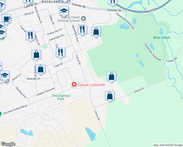 map of restaurants, bars, coffee shops, grocery stores, and more near 145 Dion Avenue in Clarence-Rockland