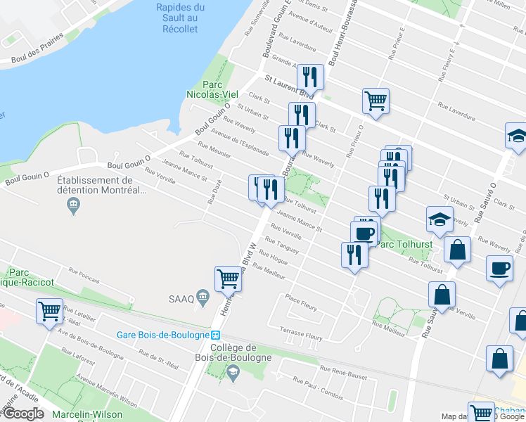 map of restaurants, bars, coffee shops, grocery stores, and more near 345 Boulevard Henri Bourassa Ouest in Montréal