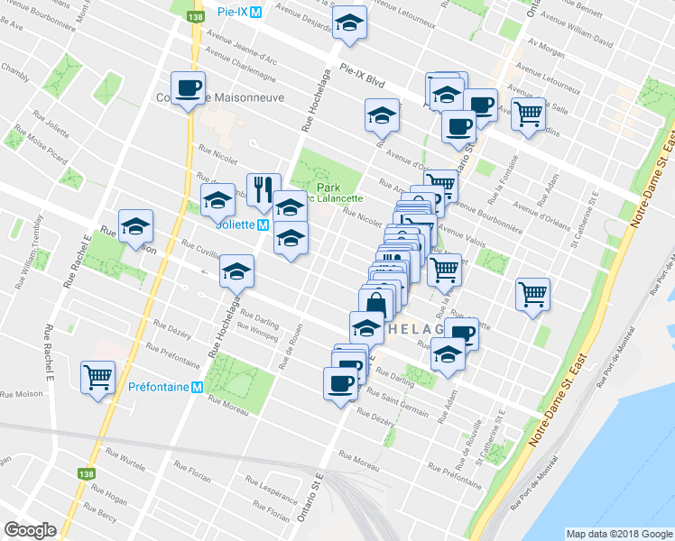 map of restaurants, bars, coffee shops, grocery stores, and more near 2216 Rue Joliette in Montréal