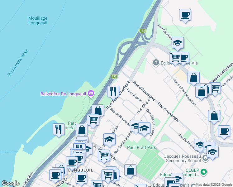 map of restaurants, bars, coffee shops, grocery stores, and more near 15 Rue Pratt in Urban agglomeration of Longueuil