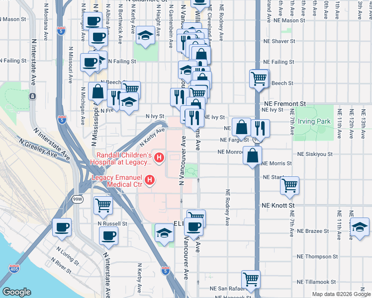 map of restaurants, bars, coffee shops, grocery stores, and more near 3270 North Vancouver Avenue in Portland