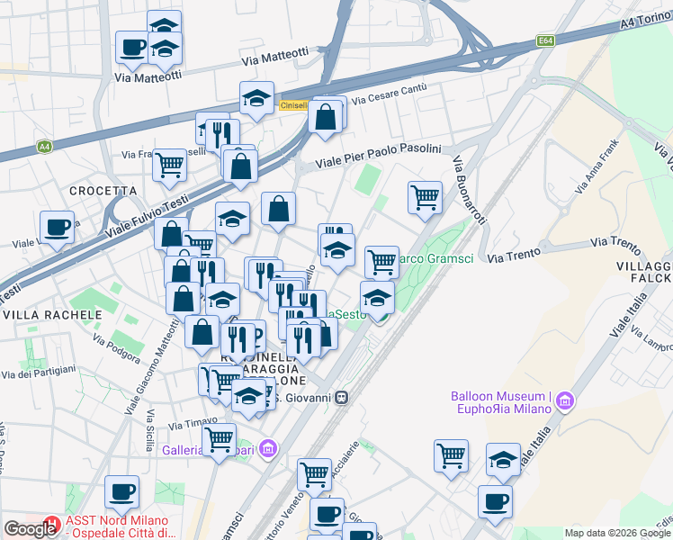 map of restaurants, bars, coffee shops, grocery stores, and more near 93 Via Vincenzo Bellini in Sesto San Giovanni