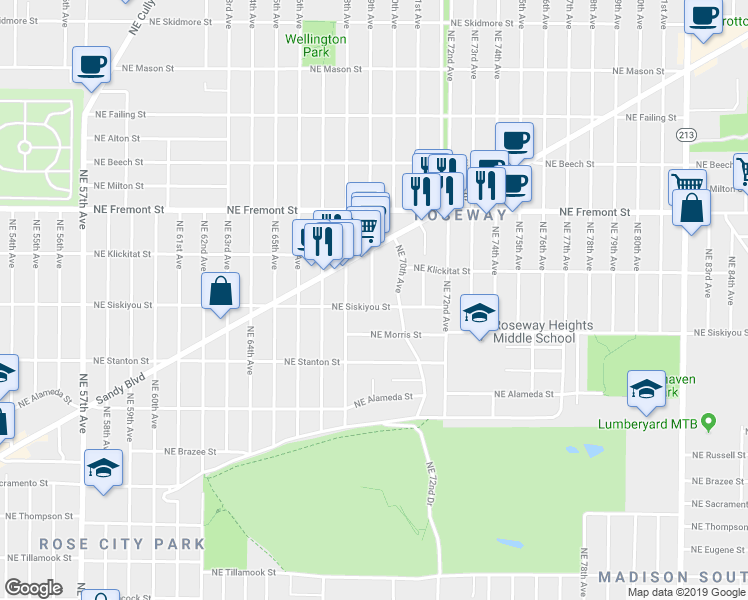 map of restaurants, bars, coffee shops, grocery stores, and more near 6855 Northeast Siskiyou Street in Portland
