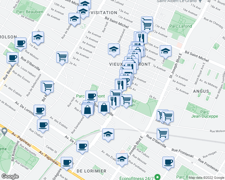 map of restaurants, bars, coffee shops, grocery stores, and more near 5506 1re Avenue in Montreal