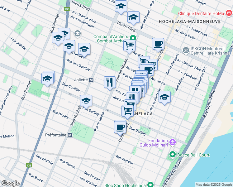 map of restaurants, bars, coffee shops, grocery stores, and more near 2214 Rue Joliette in Montréal