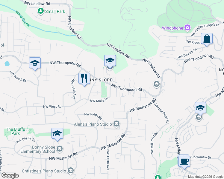 map of restaurants, bars, coffee shops, grocery stores, and more near 3578 Northwest Gerritz Terrace in Portland
