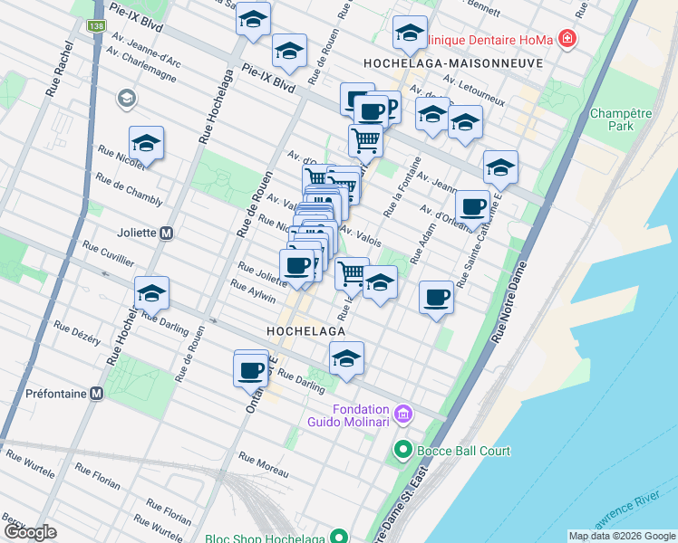 map of restaurants, bars, coffee shops, grocery stores, and more near 1841 Rue de Chambly in Montréal