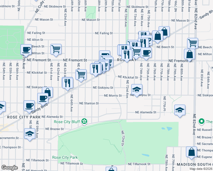 map of restaurants, bars, coffee shops, grocery stores, and more near 6855 Northeast Siskiyou Street in Portland
