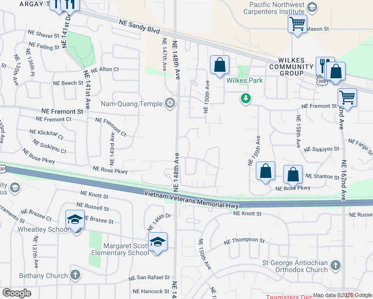 map of restaurants, bars, coffee shops, grocery stores, and more near 3019 Northeast 149th Avenue in Portland