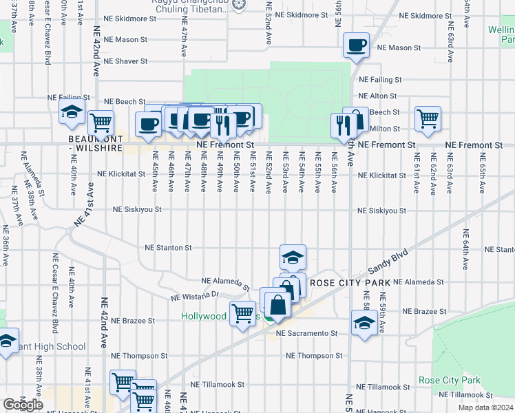 map of restaurants, bars, coffee shops, grocery stores, and more near 3104 Northeast 51st Avenue in Portland