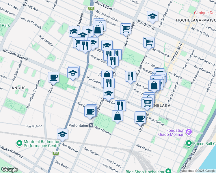 map of restaurants, bars, coffee shops, grocery stores, and more near Rue Hochelaga in Montréal
