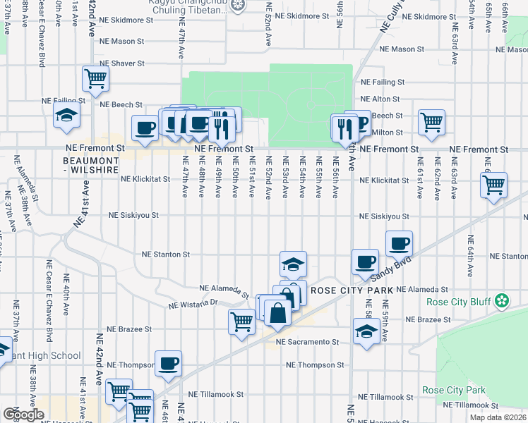 map of restaurants, bars, coffee shops, grocery stores, and more near 3103 Northeast 52nd Avenue in Portland
