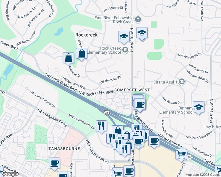 map of restaurants, bars, coffee shops, grocery stores, and more near 18885 Northwest Shadow Lane in Portland