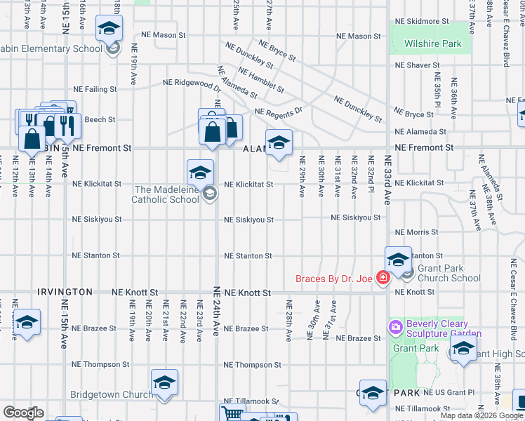 map of restaurants, bars, coffee shops, grocery stores, and more near 3125 Northeast 27th Avenue in Portland