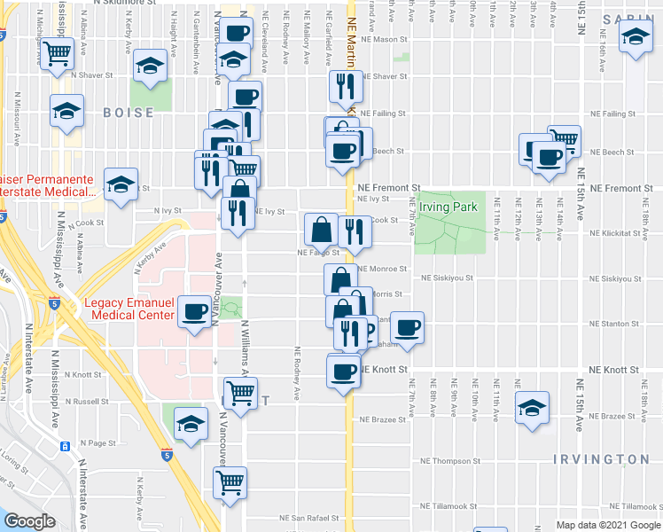 map of restaurants, bars, coffee shops, grocery stores, and more near 300-302 Northeast Fargo Street in Portland