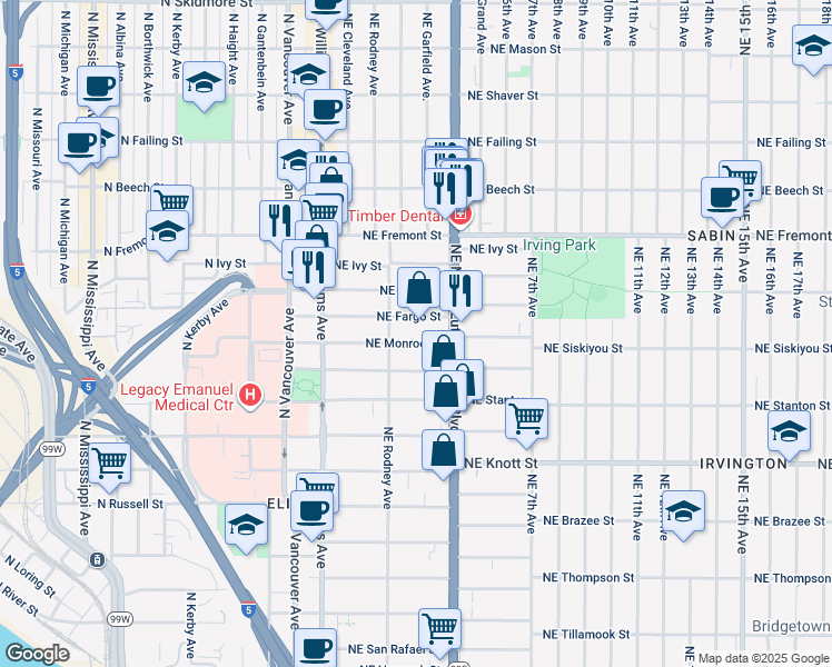 map of restaurants, bars, coffee shops, grocery stores, and more near 300-302 Northeast Fargo Street in Portland