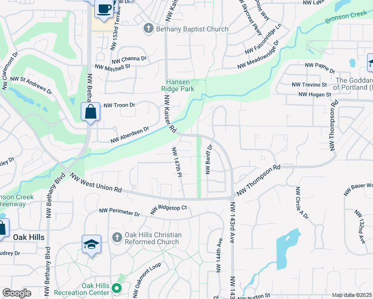 map of restaurants, bars, coffee shops, grocery stores, and more near 14730 Northwest Blackthorne Lane in Portland