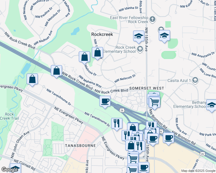 map of restaurants, bars, coffee shops, grocery stores, and more near 19179 Northwest Mahama Way in Portland