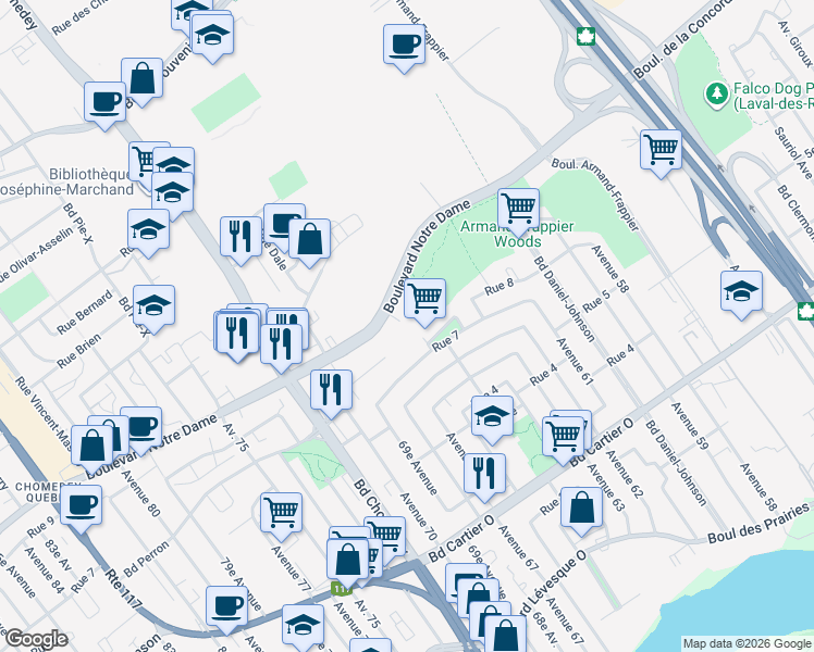 map of restaurants, bars, coffee shops, grocery stores, and more near 3050 Boulevard Notre-Dame in Laval