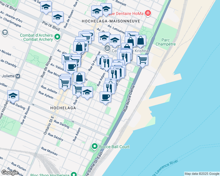 map of restaurants, bars, coffee shops, grocery stores, and more near 1423 Avenue Valois in Montreal