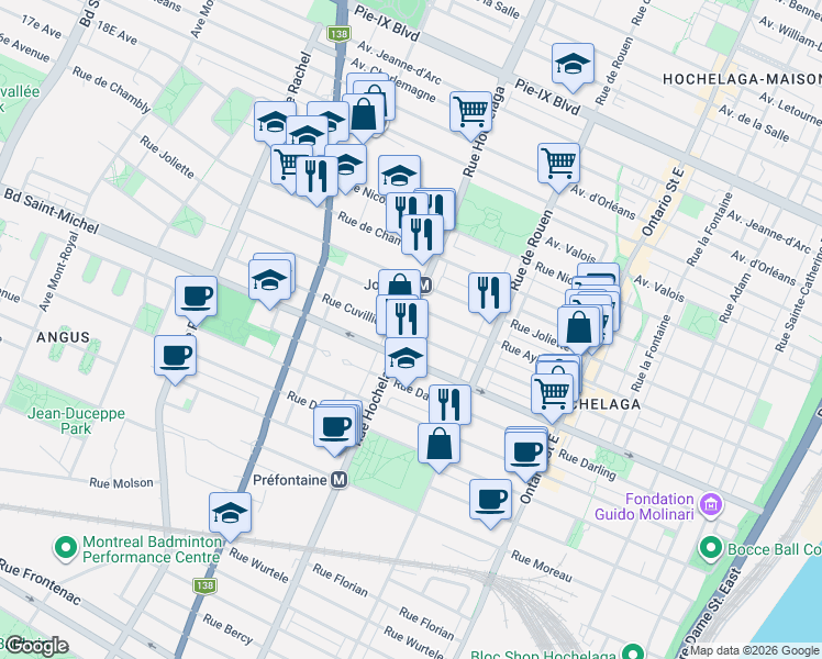 map of restaurants, bars, coffee shops, grocery stores, and more near 3460 Rue Hochelaga in Montréal