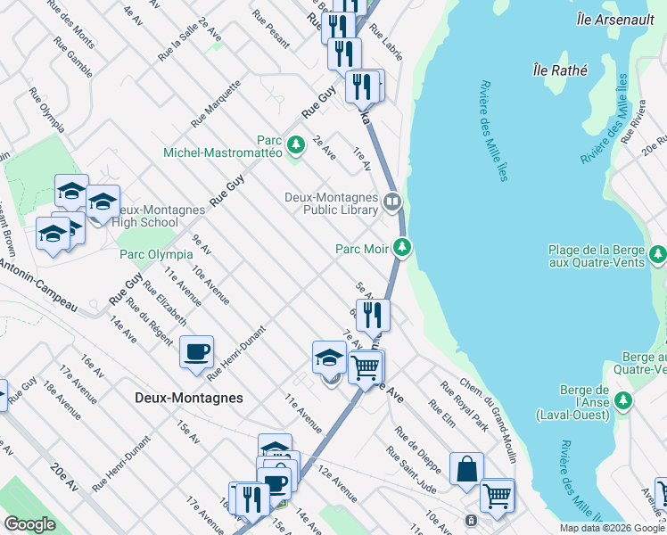 map of restaurants, bars, coffee shops, grocery stores, and more near 276 5e Avenue in Deux-Montagnes