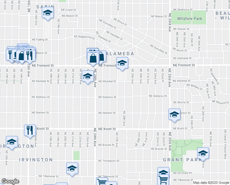 map of restaurants, bars, coffee shops, grocery stores, and more near 3125 Northeast 27th Avenue in Portland