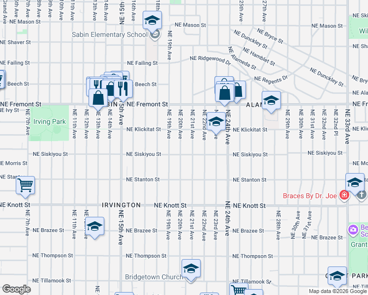 map of restaurants, bars, coffee shops, grocery stores, and more near 3124 Northeast 20th Avenue in Portland