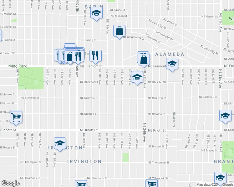 map of restaurants, bars, coffee shops, grocery stores, and more near 3124 Northeast 20th Avenue in Portland
